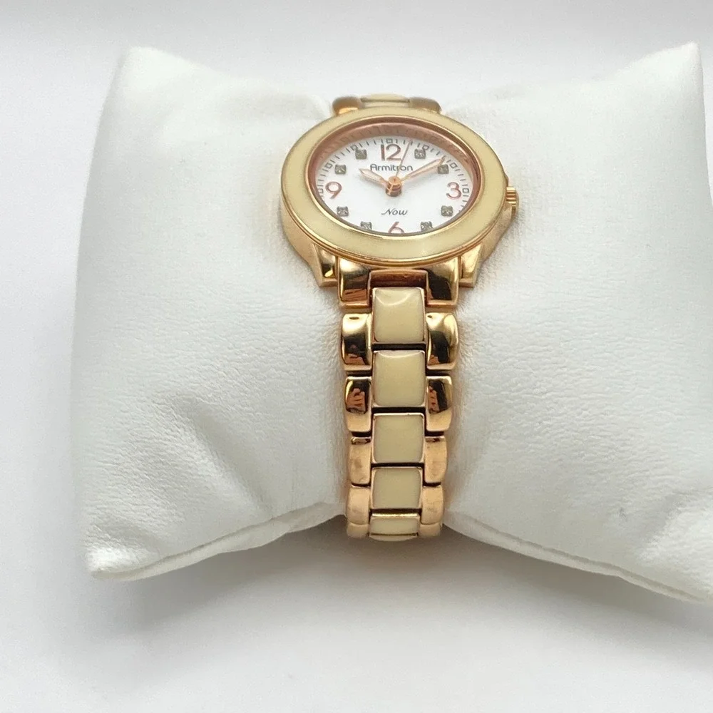 Armitron Women's Watch 27mm Rose Gold Tone Ivory Enamel New Battery SMALL 5.75